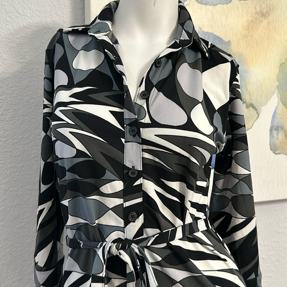 EXPRESS Womens Black White Gray Button Down Shirt Dress - Picture 2 of 10